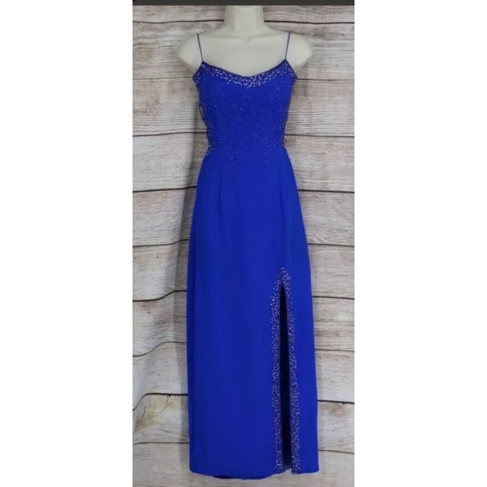 Blue Formal Gown Prom Dress Cider Back Small Slit Rhinestones